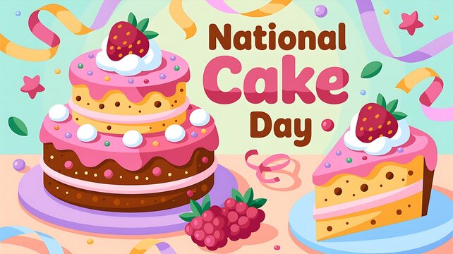 National cake day vector illustration with sweet decorated layer cake slice and berries strawberry delicious