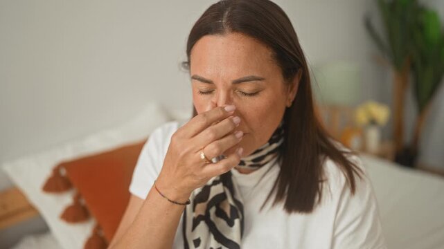 Woman pinches nose and removes glasses while seated on a bed near a pillow and nightstand inside a building; fatigue recovery.