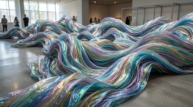 Large Iridescent Wavy Art Installation Displayed In A Modern Art Gallery With Visitors In Background