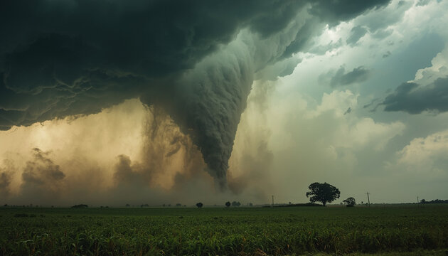 A massive tornado forms over a green field under a stormy sky