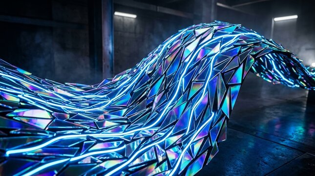 Abstract Wave Of Shimmering Holographic Glass Shards With Electric Blue Neon Light In Dark Warehouse