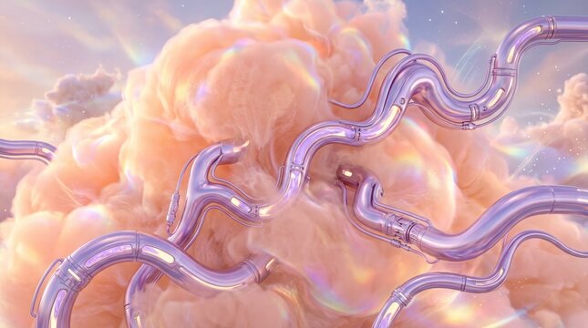 Iridescent Metallic Pipes Meandering Through Soft Peach Colored Fluffy Clouds In Dreamy Atmosphere