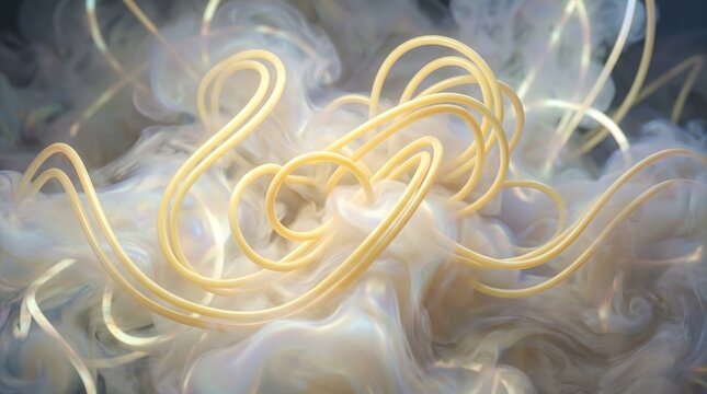 Abstract Swirling Yellow Fibers Intertwined With Ethereal Soft White Clouds And Glowing Light