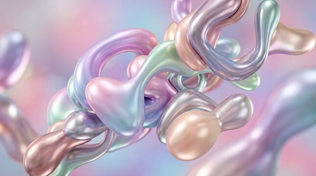 Abstract Iridescent Metallic Fluid Shapes Flowing In A Dreamy Soft Pastel Hued Background