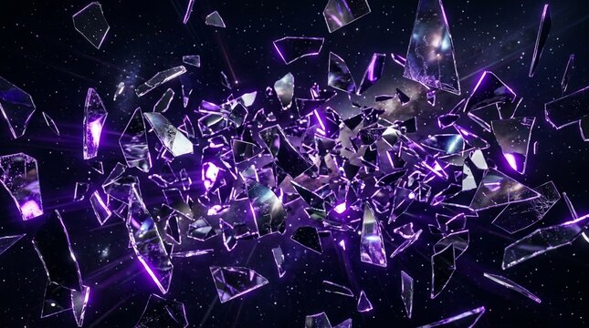 Explosion Of Shattered Glass Shards With Glowing Purple Light In Dark Space Background