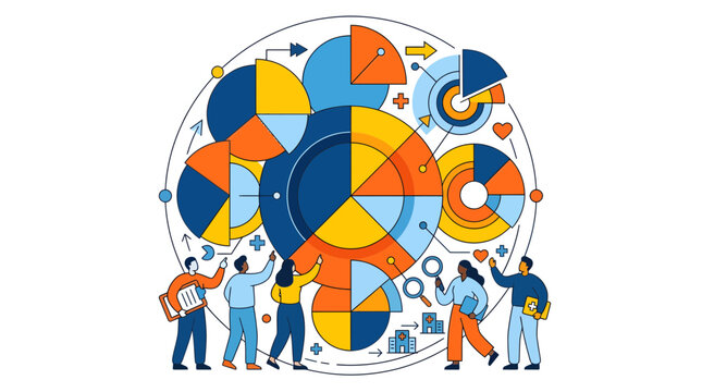 Modern vector illustration of business people analyzing colorful circular pie charts, concept for corporate b2b analytics and strategic market research, suitable for enterprise dashboard design and