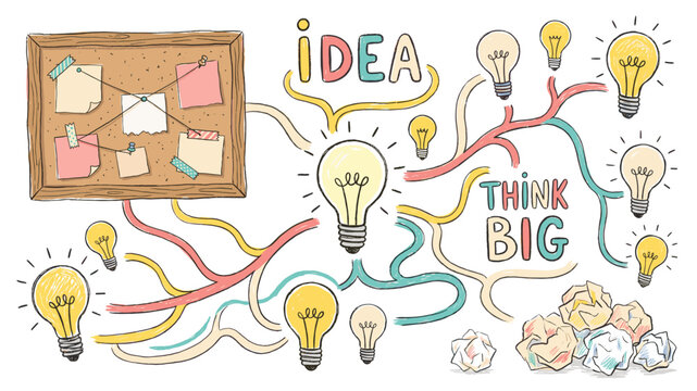 Hand drawn sketch style idea mind map infographic with corkboard notes colorful lightbulb paths think big text and crumpled paper for brainstorming