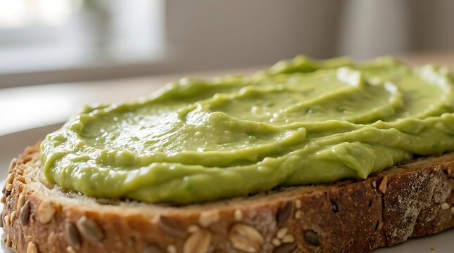 A piece of wholesome grain bread topped with creamy mashed avocado for a nutritious post-apocalyptic harbor meal in a desolate survivor settlement