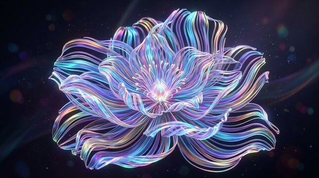 Abstract Glowing Neon Flower Made Of Iridescent Ribbon Lines Against Dark Space Background