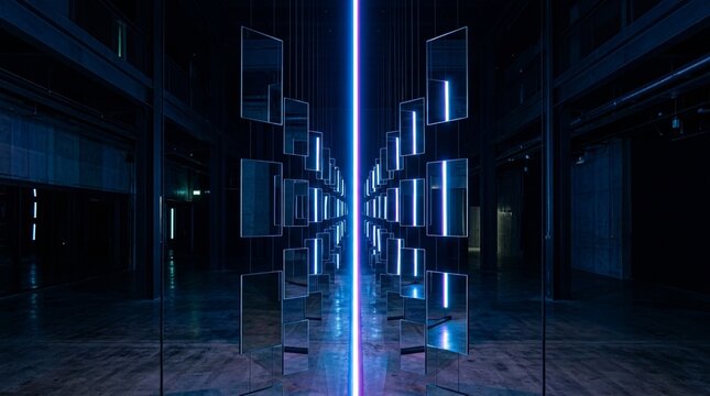 Abstract Light Installation With Reflective Mirror Panels And Blue Neon Glow In Dark Industrial Space