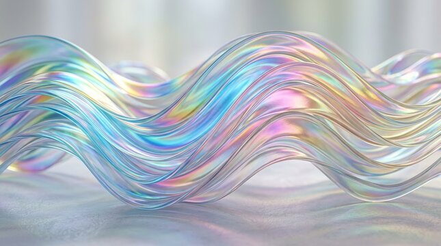 Abstract Iridescent Wavy Glass Curves With Soft Light Reflections On A Smooth Surface