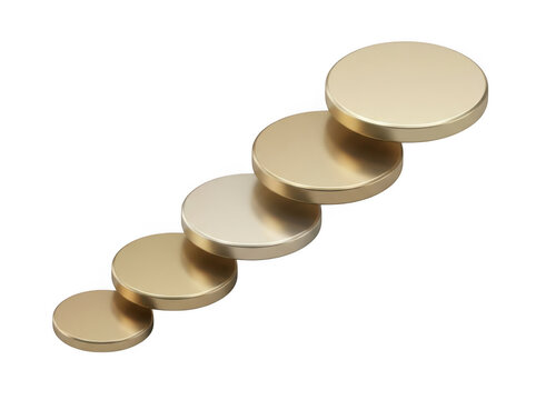 Five circular gold coins arranged in a rising diagonal staircase formation, isolated on a white background, to represent financial, growth and wealth isolated on a transparent background