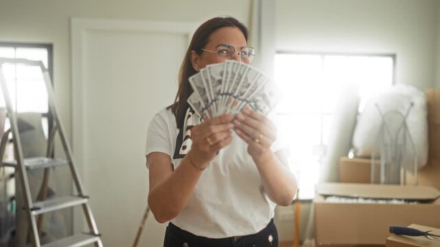 Middle aged woman holds fan of dollars while packing moving boxes inside a residential building room; financial relief success.