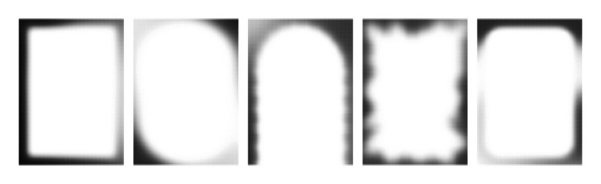 Dot Gradient Pattern Frames. Halftone Comic Grain Borders. Vector Gray Gradation Texture. Abstract Retro Dotted Backgrounds.