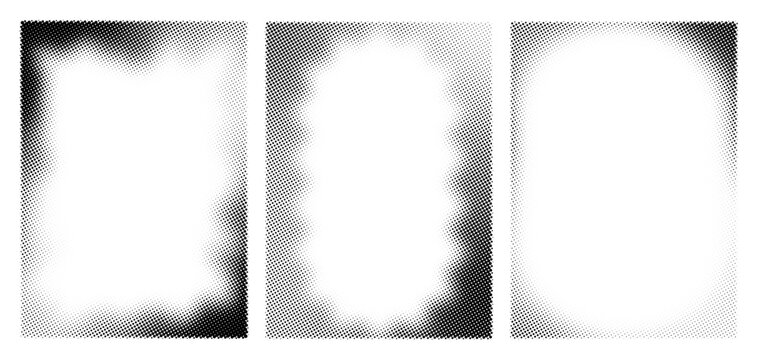Dotted Gradient Frames with Grain Texture. Abstract Backgrounds with Comic Halftone Borders.