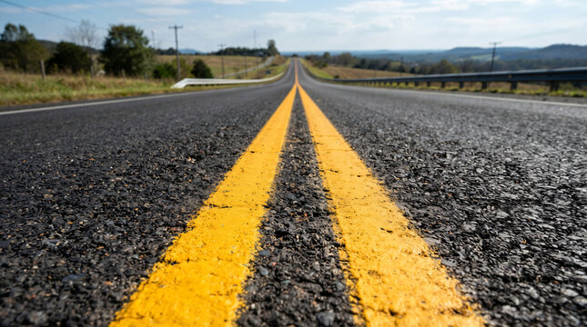 Low angle view close up double yellow lane markings dark textured asphalt road highway stretching distance transportation infrastructure logistics routing roadtrip travel concept lane
