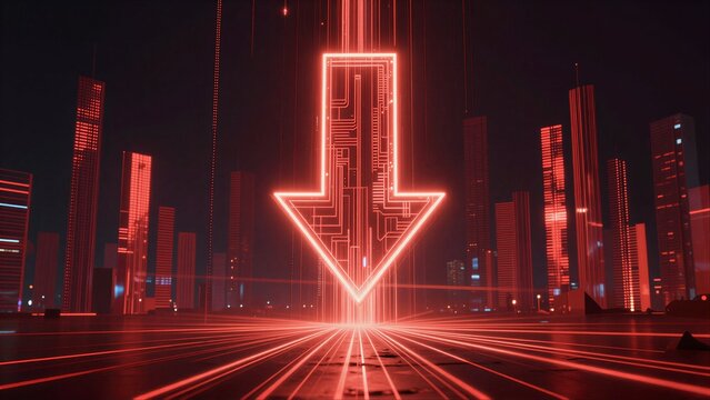 Neon arrow pulses in futuristic cityscape, symbolizing digital progress and innovation under red glow.