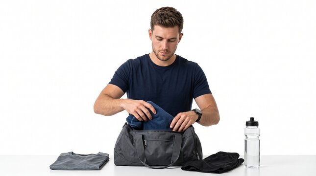 A man packing a gym bag with workout clothes. He is putting a blue t-shirt into his bag, while a black t-shirt, black pants and a water bottle are laid out beside him
