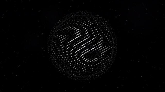 Futuristic 4K animation featuring a rotating three-dimensional sphere formed from thousands of glowing points with extended motion trails. A dark cosmic background with stars and floating dust.