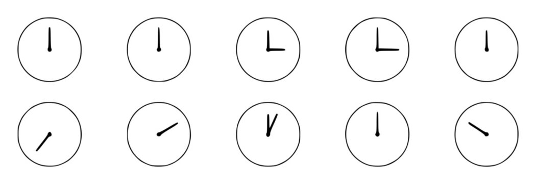 Clock set with circular clocks featuring different times, showing 1:00, 2:00, 3:00 with minimalist design and line art