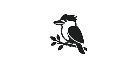 Fototapeta premium Minimalist black and white kookaburra bird perched on a tree branch vector illustration.