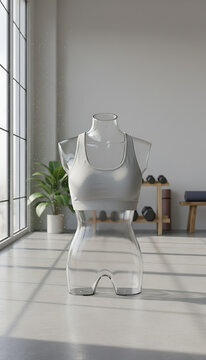 Clear Acrylic Mannequin Torso with White Sports Bra in Modern Studio
