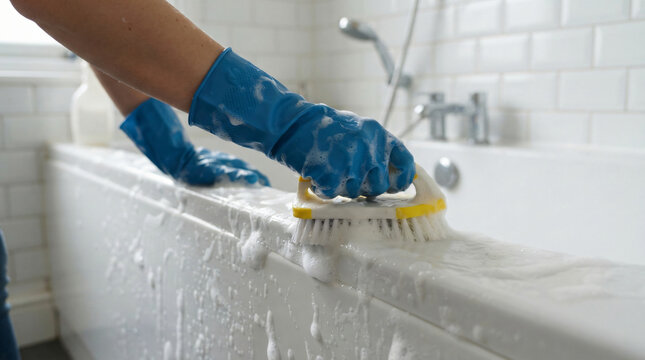  Human hands blue protective rubber gloves brush clean white ceramic bathtub surface soap foam household bathroom washing professional cleaning service sanitation domestic concept board