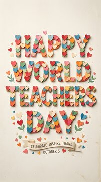 Happy World Teachers Day greeting card design with colorful paper hearts forming text.