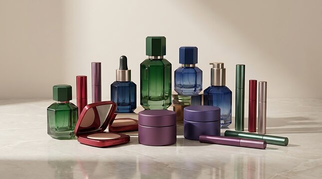 A collection of luxury beauty products with perfume bottles and makeup items for skin care routine. jewel tone makeup containers