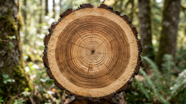 Full frame detailed macro texture clean circular wooden log tree trunk cross section showing annual rings growth pattern forestry timber material natural organic background concept panel