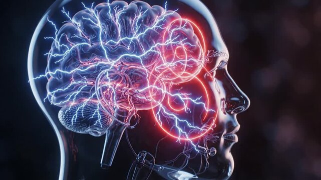 Human Brain Model Showing Glowing Neural Signals and Synaptic Impulses. 4K Video