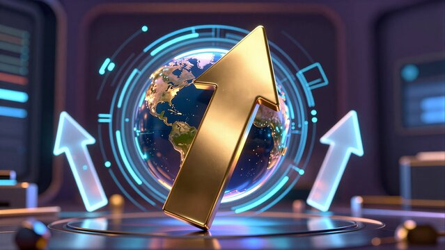 Golden arrow points upward over glowing globe, symbolizing global growth and technological advancement.