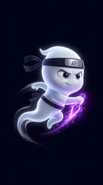 Cute 3D Ninja Ghost Character Holding Glowing Purple Kunai Dagger Floating on Dark Background