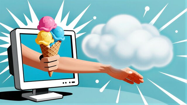 Hand holds ice cream cone on screen, clouds float beside it in bright blue setting.