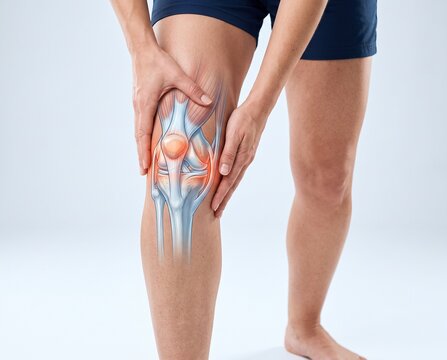 Woman Holding Painful Knee With Knee Joint Anatomy Overlay