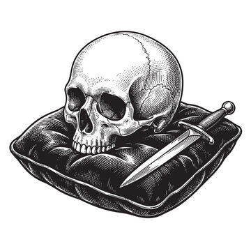 human skull dagger resting velvet cushion pillow engraving