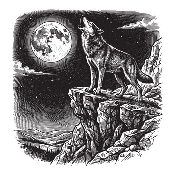 wild wolf standing on stone tombstone howling engraving