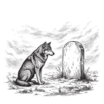 loyal wolf sitting beside blank tombstone grave engraving