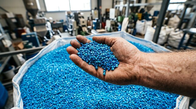 Hand holding a pile of blue plastic pellets at a manufacturing plant, representing material production for industrial applications