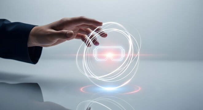 A human hand reaching towards a glowing abstract virtual reality headset projection representing digital innovation and futuristic immersive technology