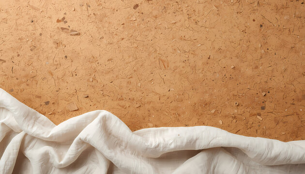 Natural cork and off-white linen fabric texture background with copy space