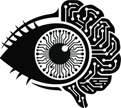 Cybernetic eye and digital brain vector icon, artificial intelligence vision concept, black and white tech logo for machine learning