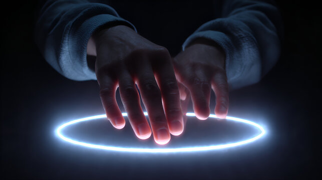 Futuristic Hands Interacting with Glowing Digital Circle Interface | Human Hands Using Virtual Touch Interface and Holographic Technology