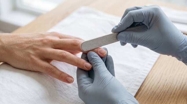 Professional manicurist wearing gloves files a client's fingernail with a nail file for shaping and smoothing