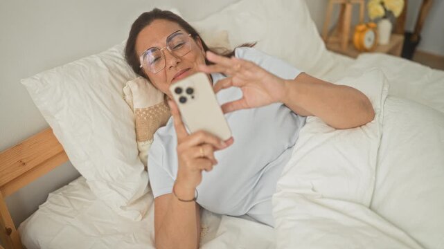 Woman reclining in bed holding smartphone with hand tapping screen in bedroom; relaxation contentment.
