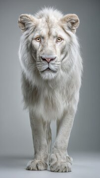 A white lion roaring in close view with open mouth combines aggressive power expression with elegant side profile structure and detailed fur texture.