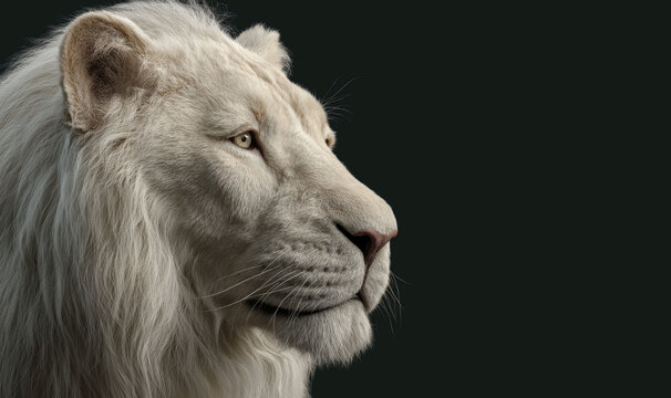 A white lion in close view show a power expression with elegant side profile structure and detailed fur texture.