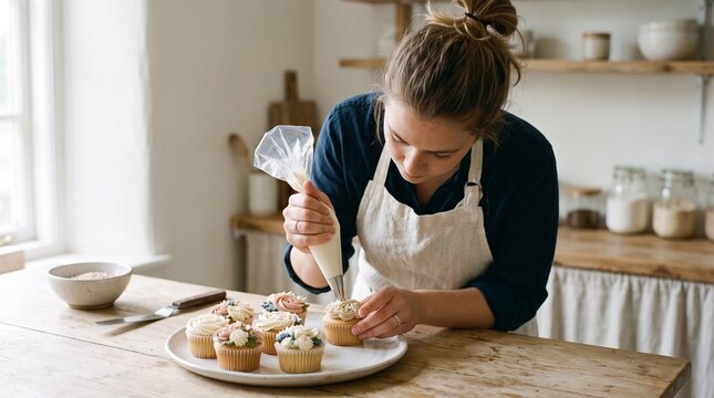 Woman decorating cupcakes with frosting using a piping bag in a bright kitchen