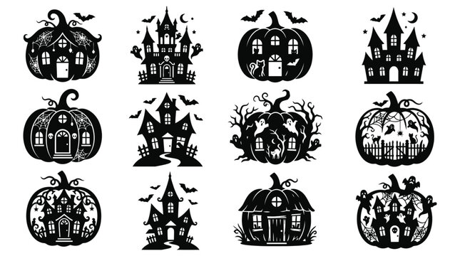 Set of Halloween carved pumpkins and haunted houses vector illustration