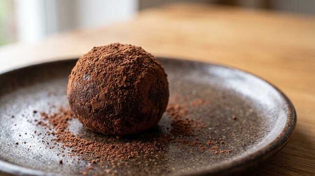 Rich Chocolate Truffle Dusted with Cocoa Powder on a Rustic Plate